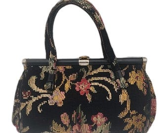 Vintage Needlepoint Black Floral Double Handle Tapestry Purse Carpet Bag