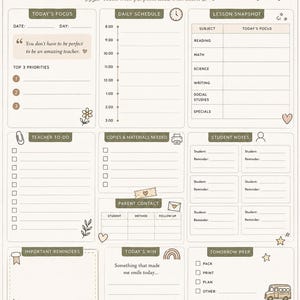 May include: A beige teacher command center planner page featuring sections for daily schedules, lesson snapshots, to-do lists, student notes, and self-care trackers. The layout includes illustrations of apples, books, coffee, and a school bus with text.