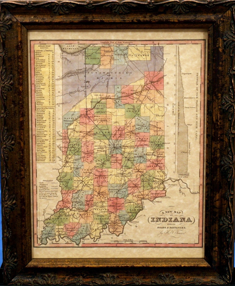 Indiana State Map Print of an 1833 Map on Parchment Paper image 1