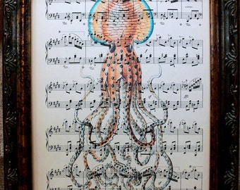 Octopus Art Print from 1904 on Antique Music Book Page