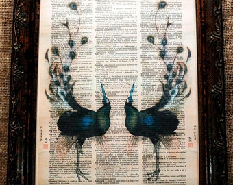 A Page in Time Design Japanese Peacock Art Print on Vintage Dictionary Book Page