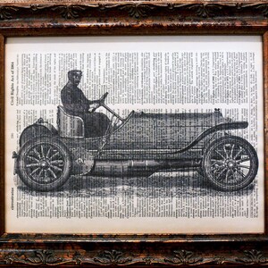 May include: Black and white illustration of a vintage car on a page from an old book. The car is a classic open-top model with a driver in the seat. The text on the page is "Civil Rights Act of 1964".