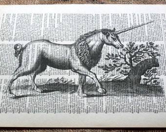 Vintage Unicorn Art Print on Vintage Dictionary Book Page