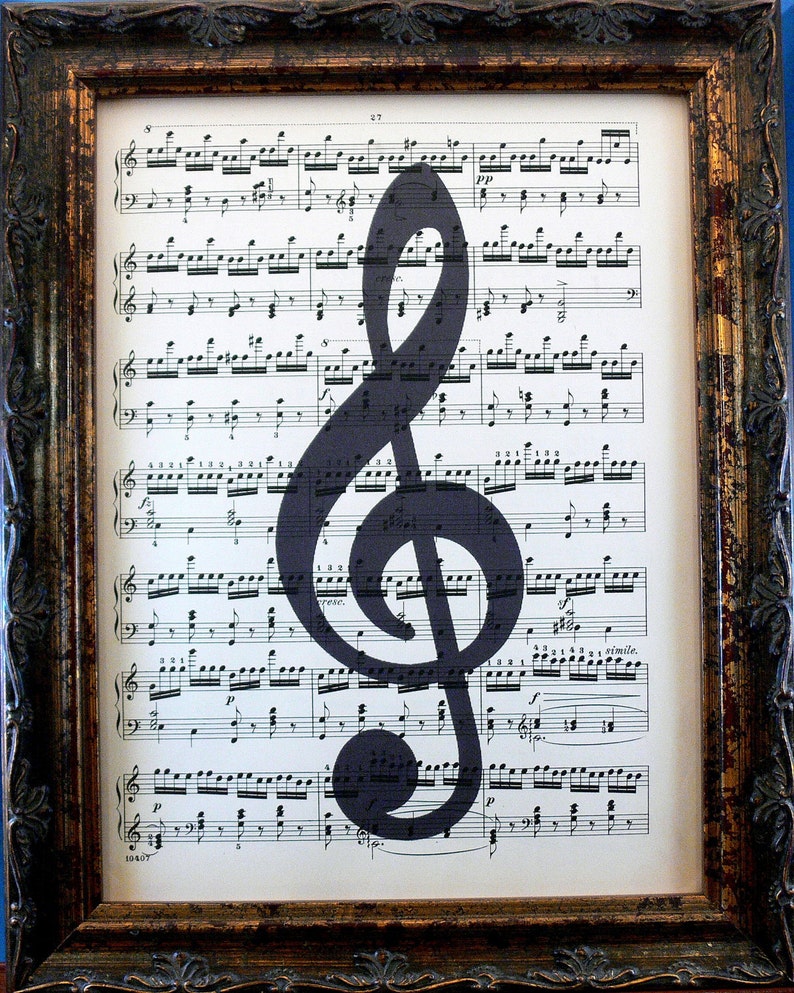 Treble Clef Music Note Art Print on Antique Music Book Page Etsy
