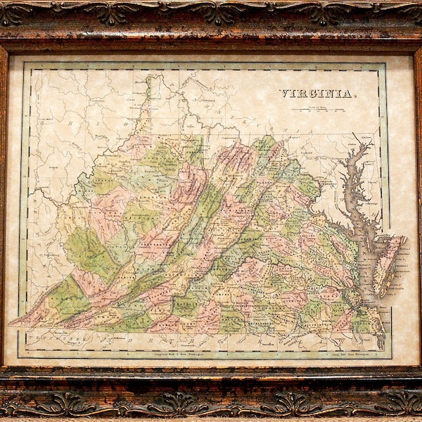 Virginia State Map Print of an 1838 Map on Parchment Paper