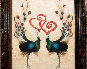 A Page in Time Design Japanese Peacock Love Art Print on Parchment Paper