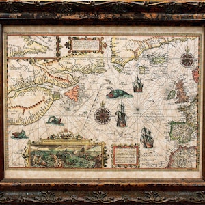 Chart of the North Atlantic Map Print of a 1592 Map on Parchment Paper