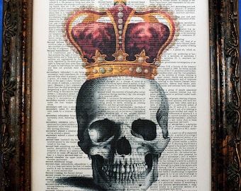 A Page In Time Design Color Crowned Skull Art Print on Dictionary Book Page