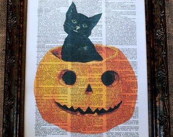 Halloween Black Cat in Pumpkin Art Print on Dictionary Book Page