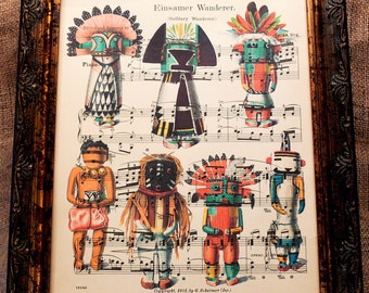 Native American Kachina Dolls Art Print from 1894 on Antique Music Book Page