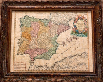 Espagne et Portugal carte d'impression d'une carte de 1728 sur papier parchemin
