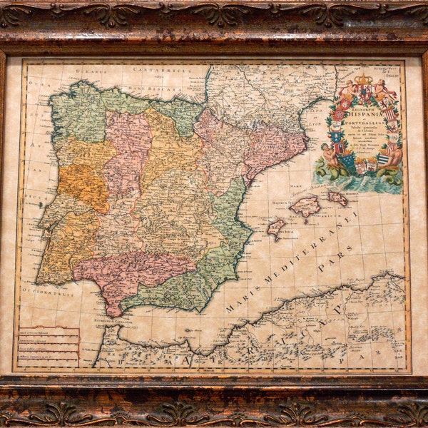 Spain and Portugal Map Print of a 1728 Map on Parchment Paper