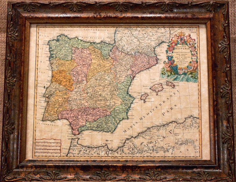 Spain and Portugal Map Print of a 1728 Map on Parchment Paper image 1