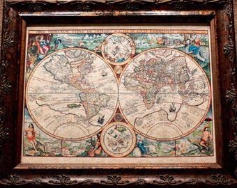 Double Hemisphere World Map Print of a 1594 Map on Parchment Paper