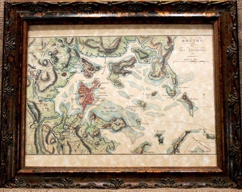 Impresión del mapa de la región de Boston de un mapa de 1807 en papel de pergamino