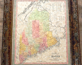 Maine State Map Print of an 1850 Map on Parchment Paper