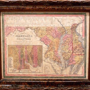 Maryland and Delaware State Map Print of an 1846 Map on Parchment Paper