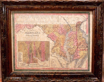 Maryland and Delaware State Map Print of an 1846 Map on Parchment Paper