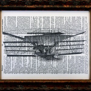 May include: A black and white illustration of an early airship, printed on a vintage dictionary page. The image shows the airship's intricate structure and multiple propellers.