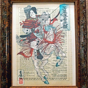 Japanese Woman Samurai Warrior Art Print from 1885 on Encyclopedic Dictionary Book Page from 1896