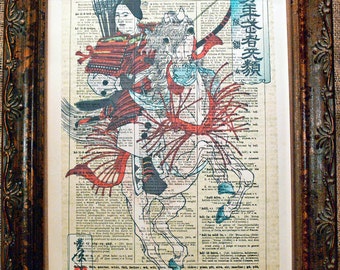 Japanese Woman Samurai Warrior Art Print from 1885 on Encyclopedic Dictionary Book Page from 1896