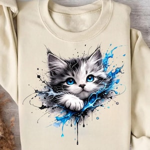 Söt kattunge PNG blå ögon katt Clipart akvarell stänk katt sublimeringsdesign kawaii katt för t-shirt klistermärke mugg direkt nedladdning