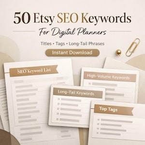 Puede incluir: Un gráfico de marketing digital con el texto "50 palabras clave SEO de Etsy para planificadores digitales". La imagen incluye varios documentos digitales etiquetados como "Lista de palabras clave SEO", "Palabras clave de alto volumen", "Palabras clave de cola larga" y "Etiquetas principales".