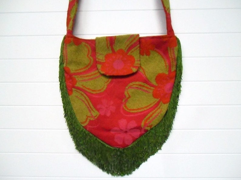 Hippie Bag Purse with Lime Green and Pink Chenille and Lime Green Fringe image 3