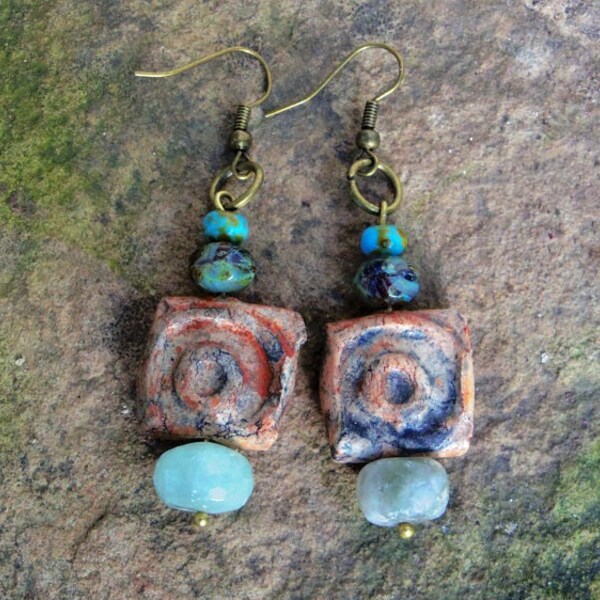 Rustic Boho Clay and Czech Bead Earrings