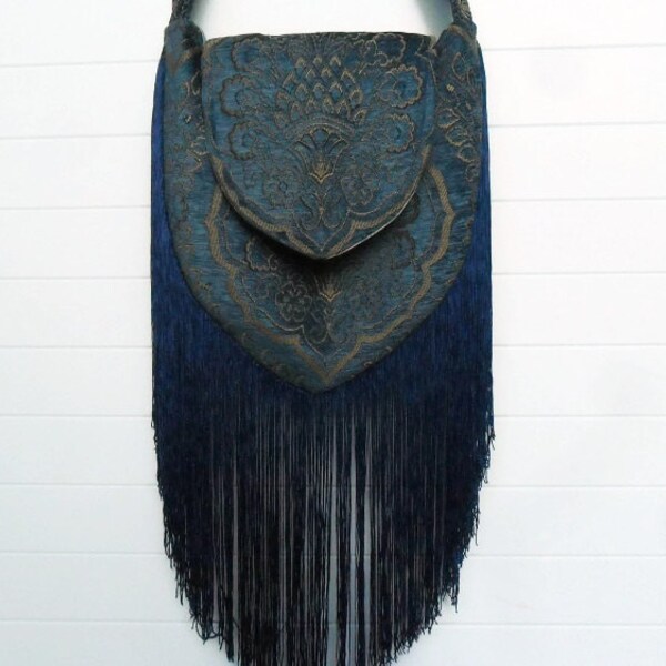 Bohemian Gypsy Bag Purse Blue Cut Velvet Fringe