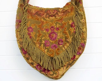 Boho Bag Purse Vintage Cut Velvet with Fringe