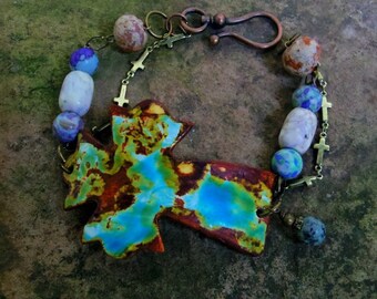 Handmade Rustic Bracelet Ceramic Cross and Beads Clay Beads