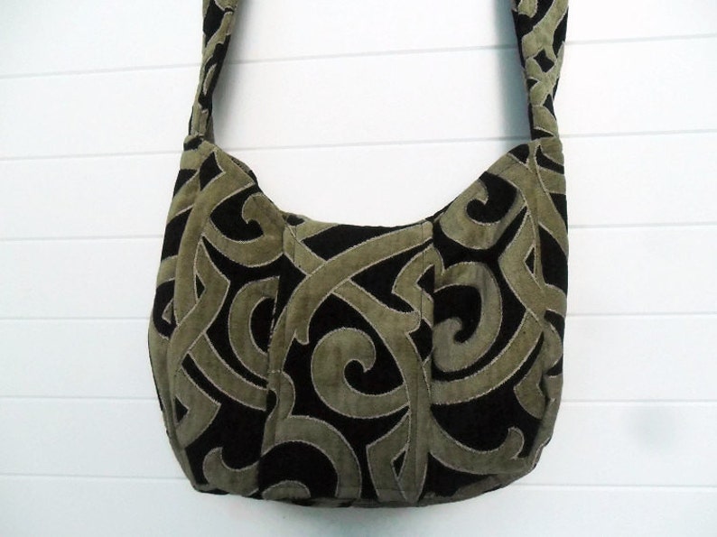 Gothic Bohemian Bag Purse Black and Taupe Cut Velvet image 5