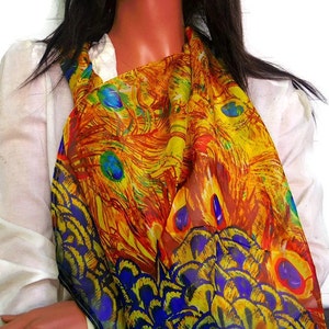 Silk Chiffon Scarf Peacock Feathers Sheer image 2