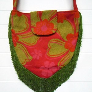 Hippie Bag Purse with Lime Green and Pink Chenille and Lime Green Fringe image 1
