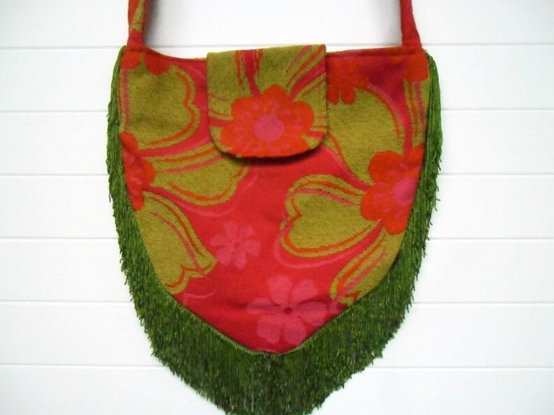 Hippie Bag Purse with Lime Green and Pink Chenille and Lime Green Fringe image 1