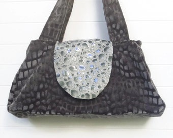 Boho Bag Purse Gray Cut Velvet and Leather Recessed Zipper