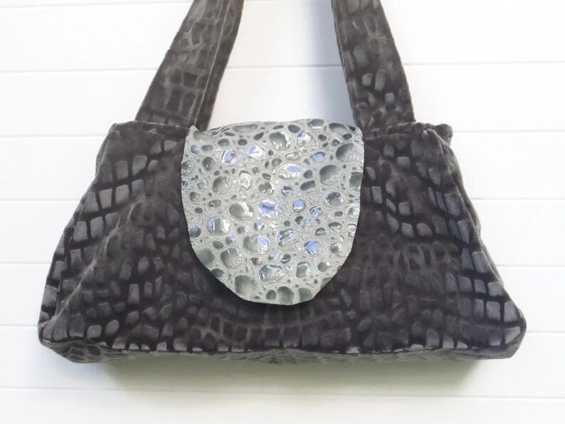 Boho Bag Purse Gray Cut Velvet and Leather Recessed Zipper image 1