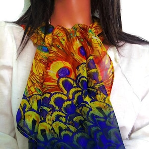 Silk Chiffon Scarf Peacock Feathers Sheer image 1