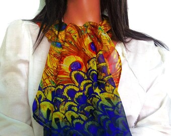 Silk Chiffon Scarf Peacock Feathers Sheer