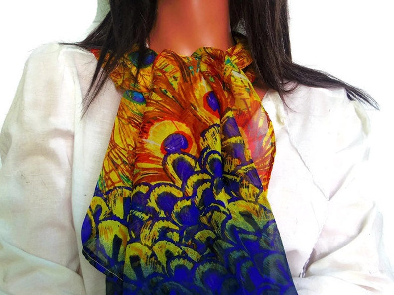 Silk Chiffon Scarf Peacock Feathers Sheer image 1