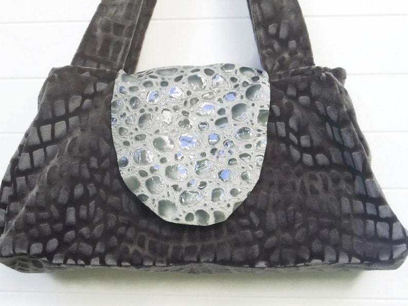 Boho Bag Purse Gray Cut Velvet and Leather Recessed Zipper image 2