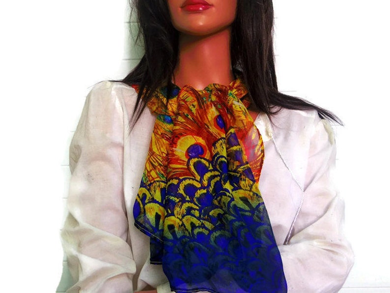 Silk Chiffon Scarf Peacock Feathers Sheer image 3