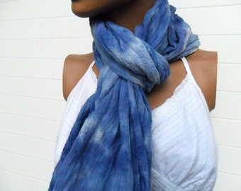 Hand Dyed Scarf in Colors of Blue Cotton Gauze