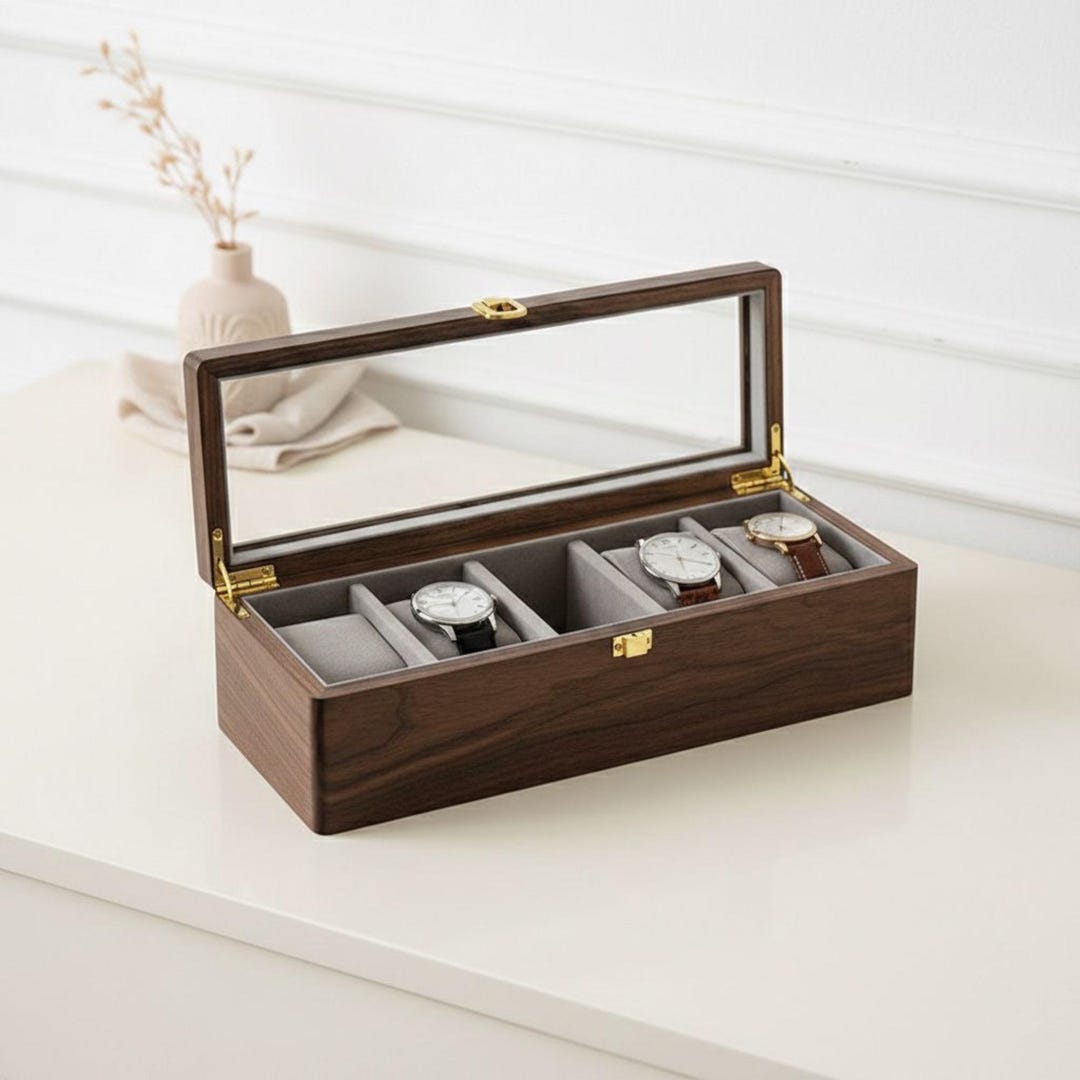 Watch Keeping Box Watch Display Box Walnut Wood Watch Box With Glass Top, Luxury Jewelry ...