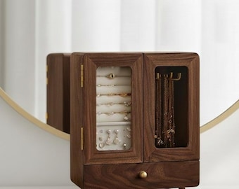 Luxury Walnut Jewelry Box with Glass Doors, Handmade Wooden Jewelry Organizer with Drawer, Multi Layer Storage, Elegant Gift for Her