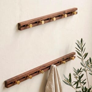 May include: Two horizontal wall-mounted racks made of dark brown wood, each featuring a series of evenly spaced, cylindrical brass-colored metal hooks. A light-colored fabric cloth hangs from one of the hooks on the lower wooden rack.