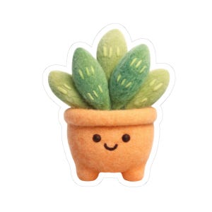 May include: A felt succulent plant in a smiling orange pot. The plant has green and light green leaves with small white details. The pot has a happy face with black eyes and a curved mouth.