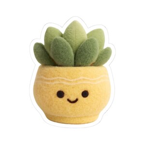 May include: A soft toy succulent plant in a yellow pot with a smiling face. The plant has green leaves and the pot has a textured surface with horizontal lines. The design is charming and playful.