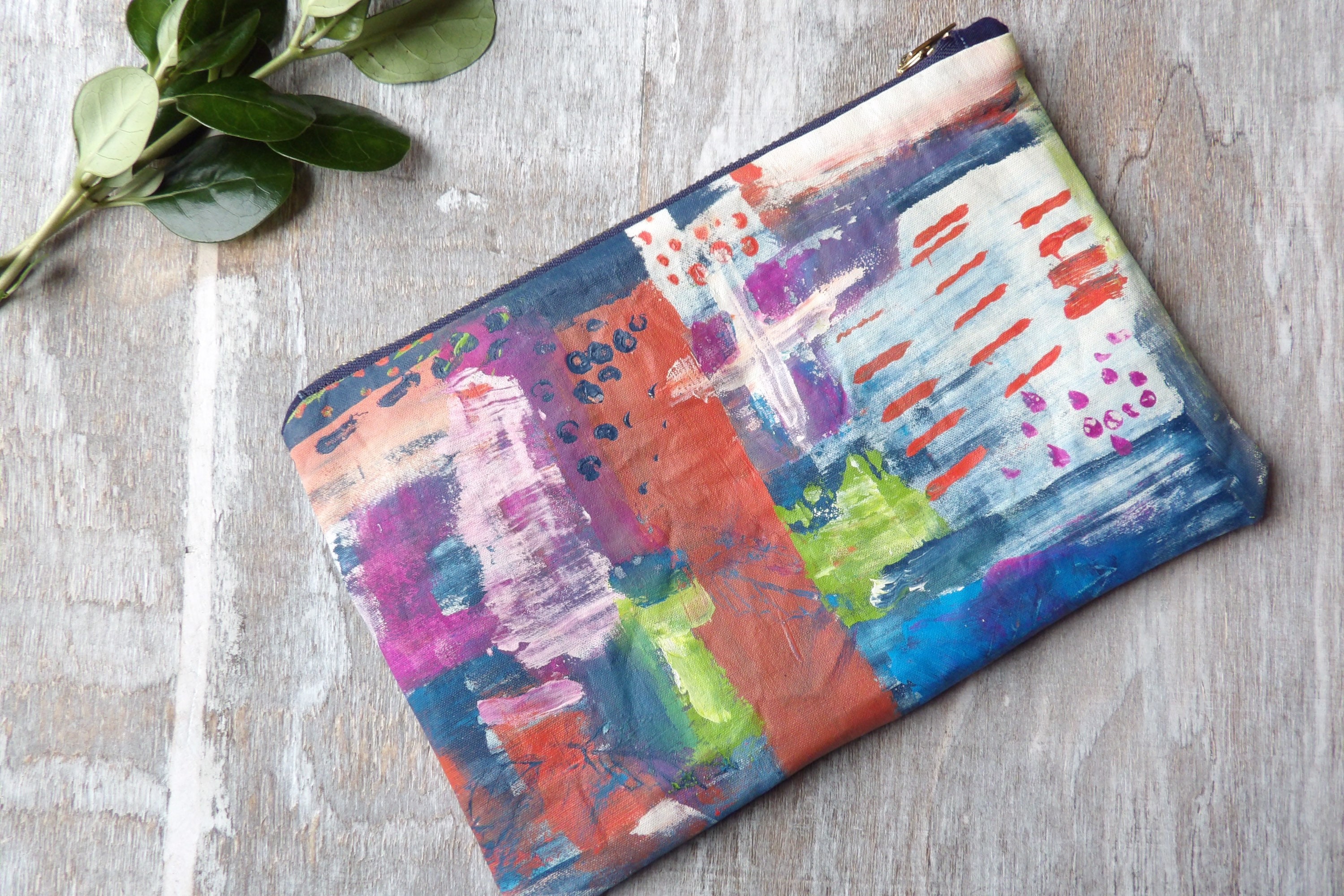 Messy Artsy Hand Painted Zipper Pencil Pouch One of a Kind ARTIST